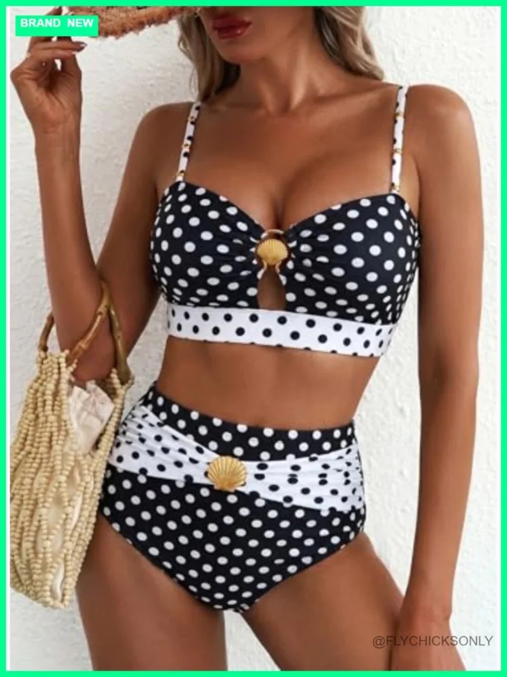 Women's High Waisted Bikini Set with Seashell Ring, Ruched Push Up Top